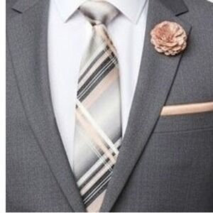 J.Ferrar Mens Champagne Peach Plaid Tie Pocket Square Lapel Pin 3 Piece Set New